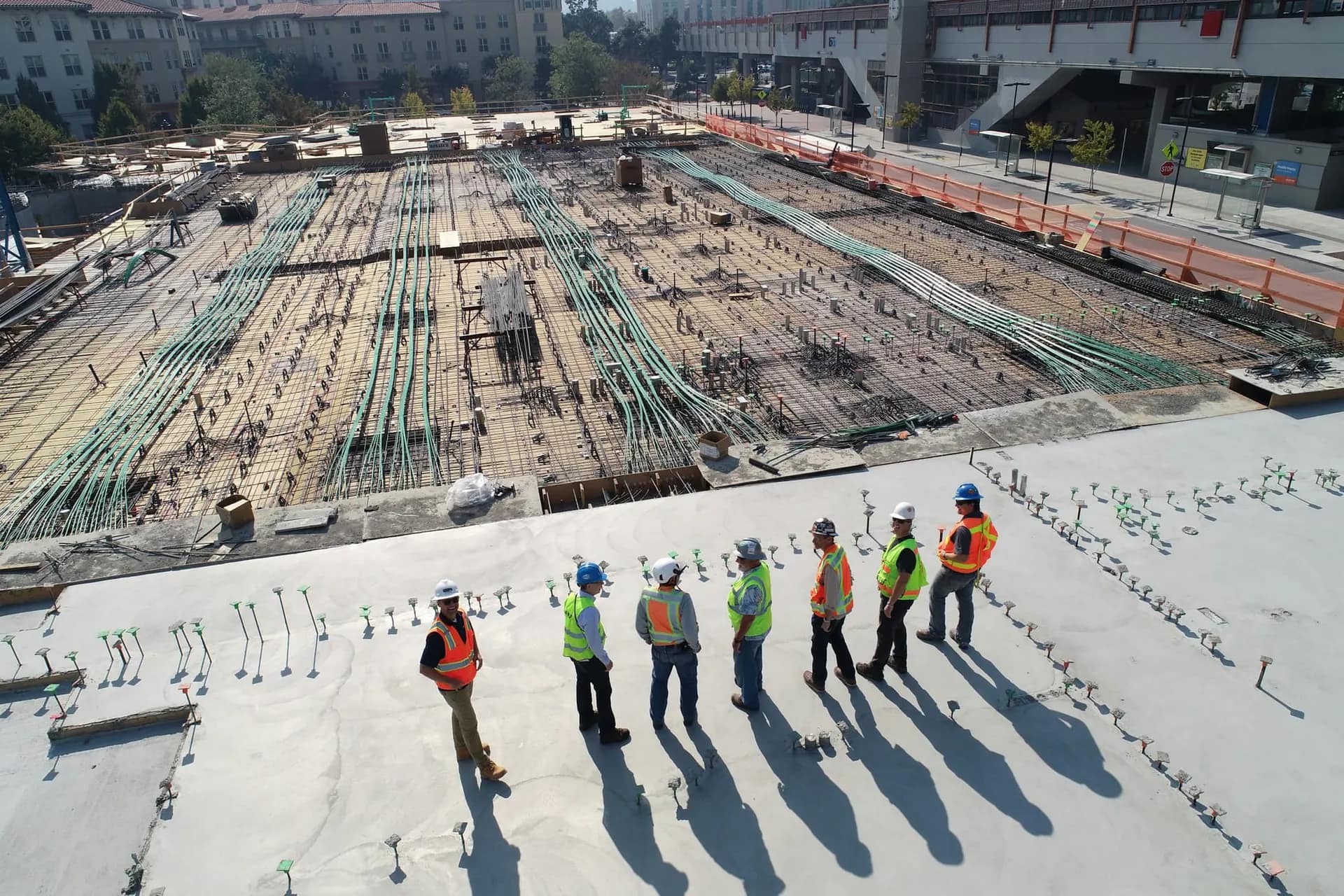 Aerial view of engineers on a reinforced concrete site