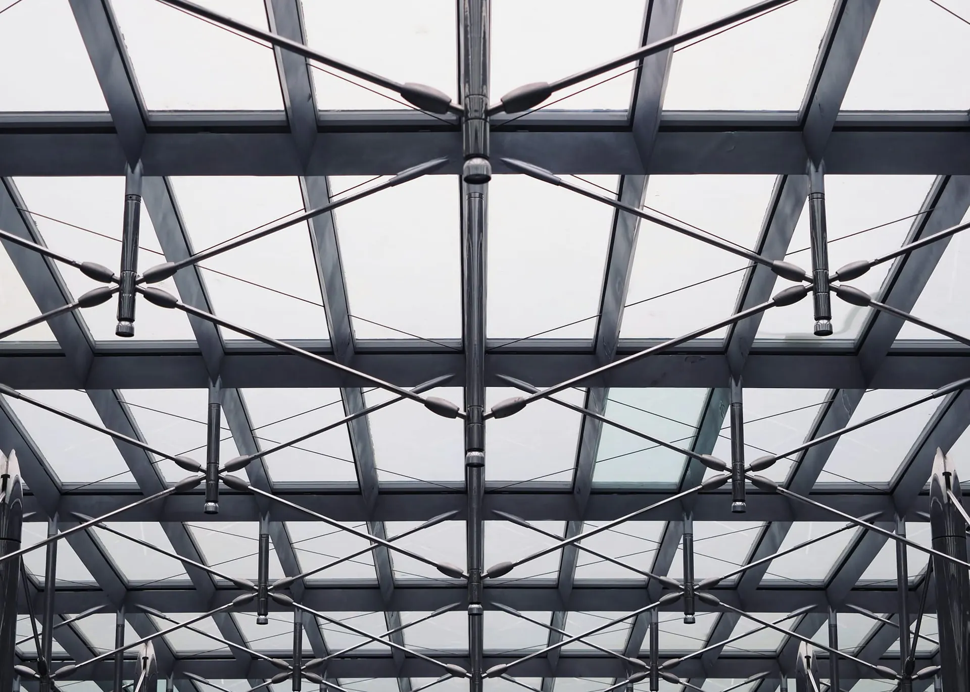 Steel roof grid with bracing seen from below