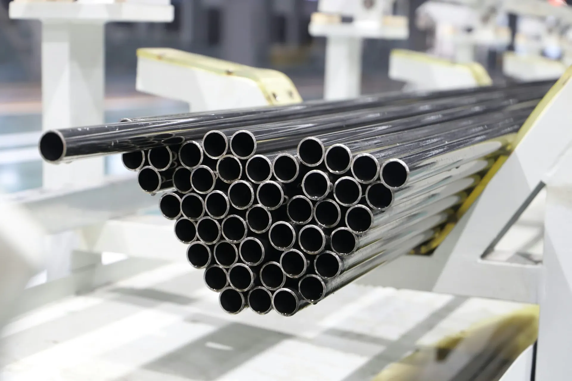 Bright steel tubes bundled on a production line