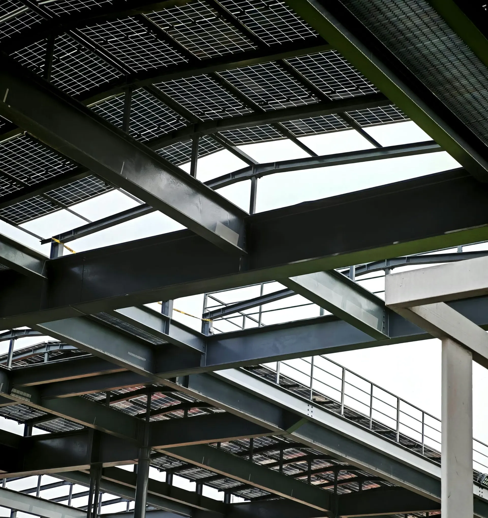 Steel beams forming a modern roof frame
