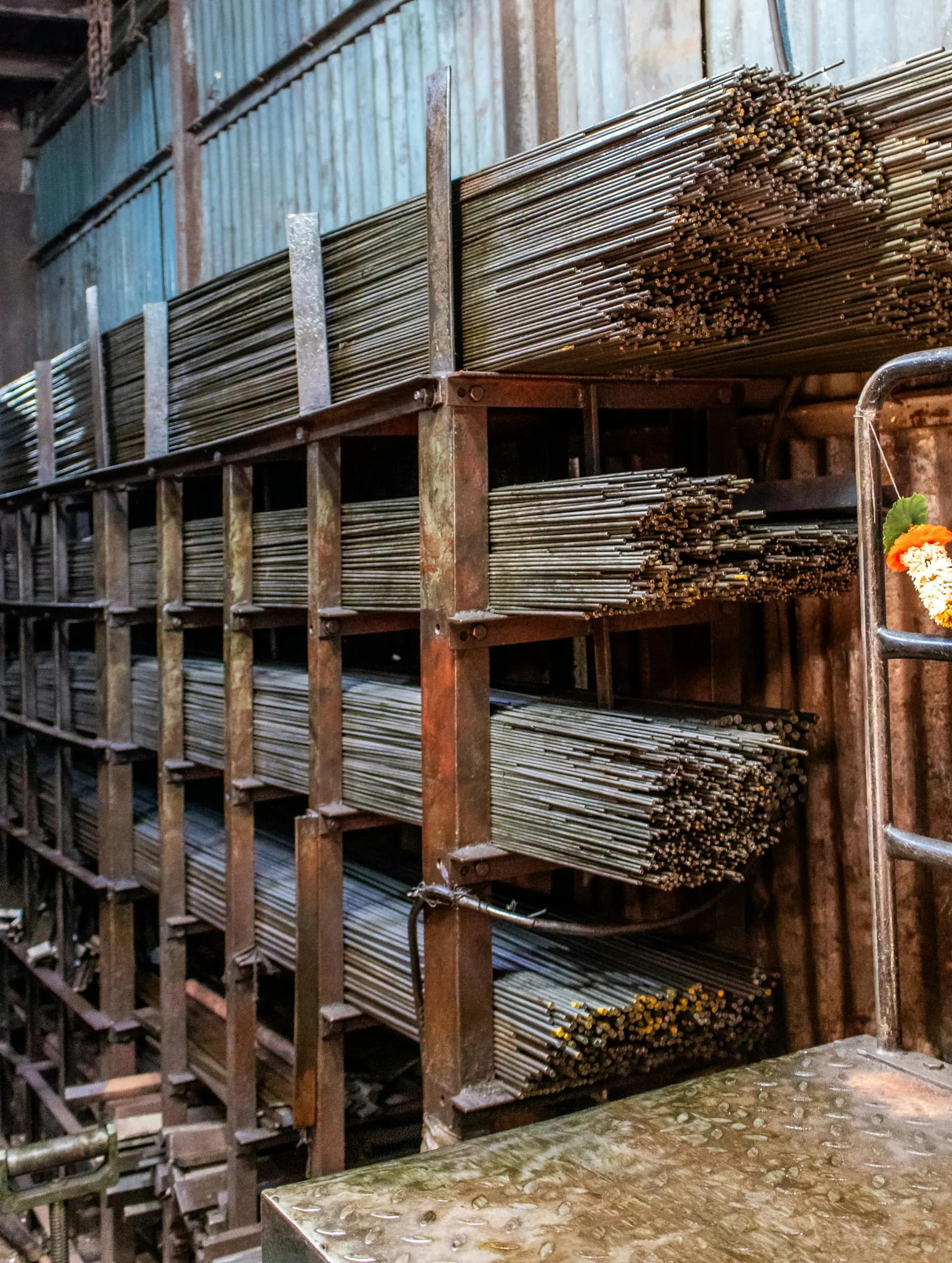 Stockyard racks holding steel flats and bars